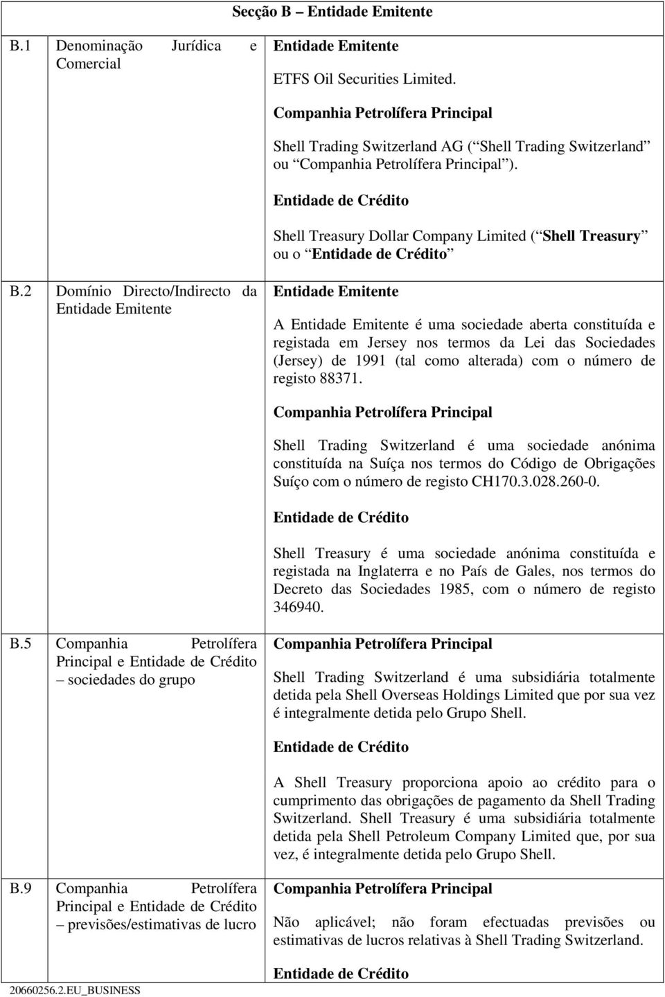 Entidade de Crédito Shell Treasury Dollar Company Limited ( Shell Treasury ou o Entidade de Crédito B.