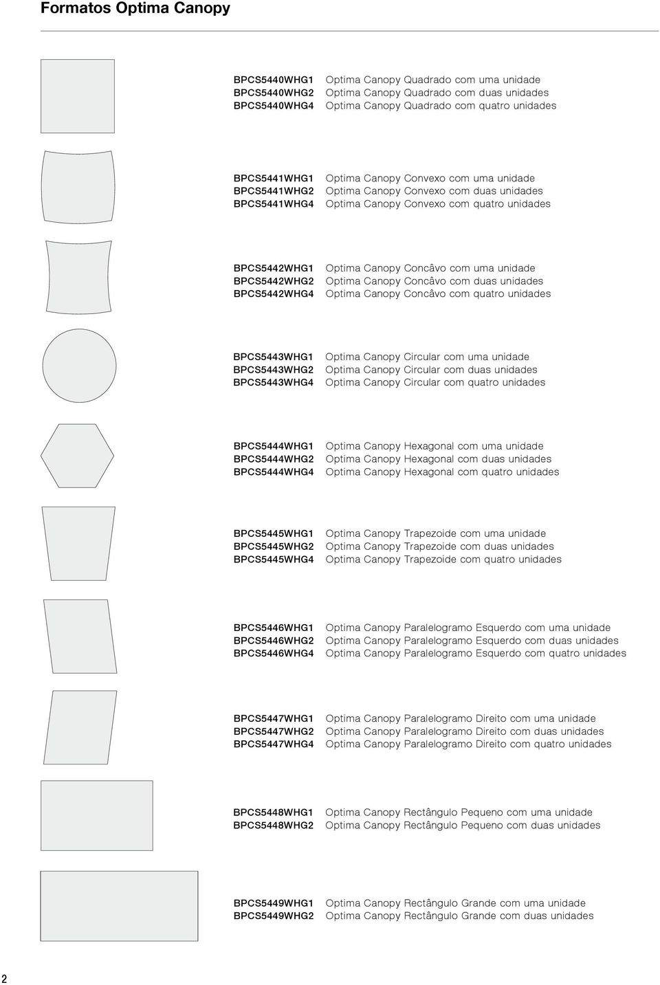 Concâvo com uma unidade Optima Canopy Concâvo com duas unidades Optima Canopy Concâvo com quatro unidades BPCS5443WHG1 BPCS5443WHG2 BPCS5443WHG4 Optima Canopy Circular com uma unidade Optima Canopy