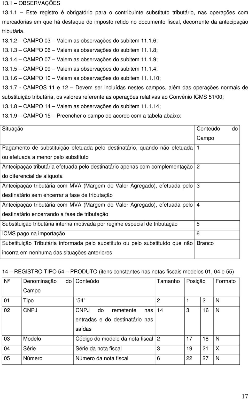 1.4; 13.1.6 CMPO 10 Valem as observações do subitem 11.1.10; 13.1.7 - CMPOS 11 e 12 Devem ser incluídas nestes campos, além das operações normais de substituição tributária, os valores referente as operações relativas ao Convênio ICMS 51/00; 13.