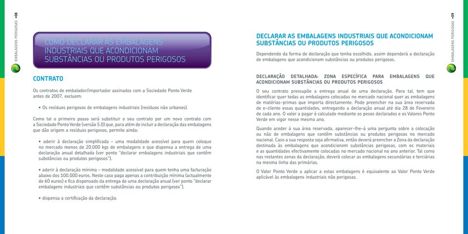 EMBALAGENS PERIGOSAS 09 CONTRATO DECLARAÇÃO DETALHADA: ZONA ESPECÍFICA PARA EMBALAGENS QUE ACONDICIONAM SUBSTÂNCIAS OU PRODUTOS PERIGOSOS Os contratos de embalador/importador assinados com a