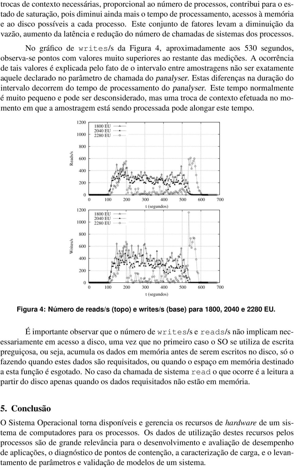 No gráfico de writes/s da Figura 4, aproximadamente aos 530 segundos, observa-se pontos com valores muito superiores ao restante das medições.