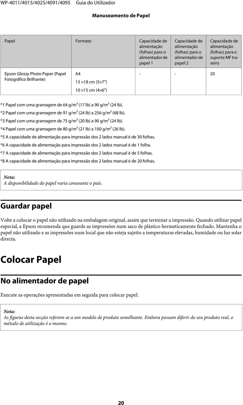 *2 Papel com uma gramagem de 91 g/m² (24 lb) a 256 g/m² (68 lb). *3 Papel com uma gramagem de 75 g/m² (20 lb) a 90 g/m² (24 lb). *4 Papel com uma gramagem de 80 g/m² (21 lb) a 100 g/m² (26 lb).