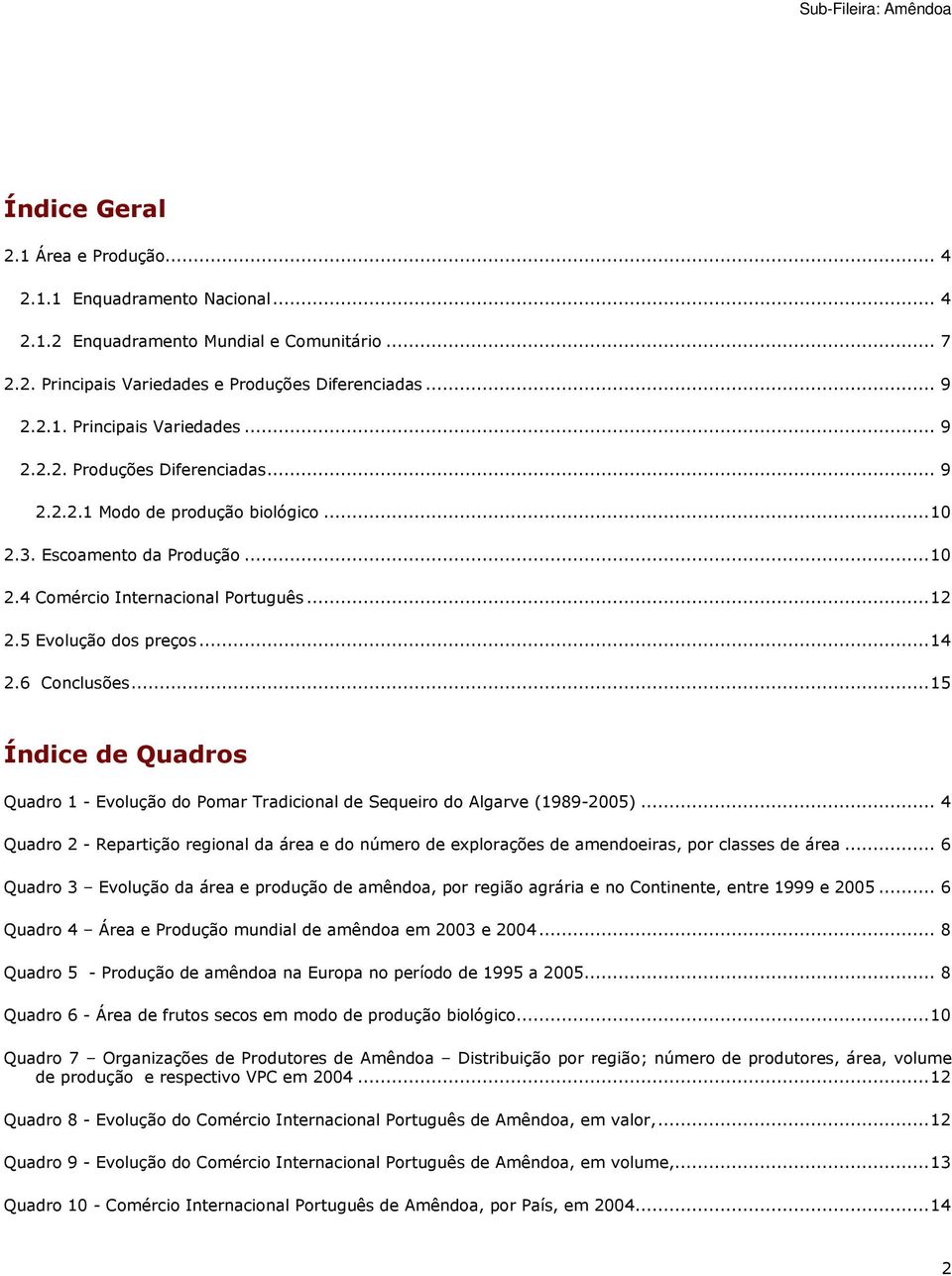 ..15 Índice de Quadros Quadro 1 - Evolução do Pomar Tradicional de Sequeiro do Algarve (1989-2005).