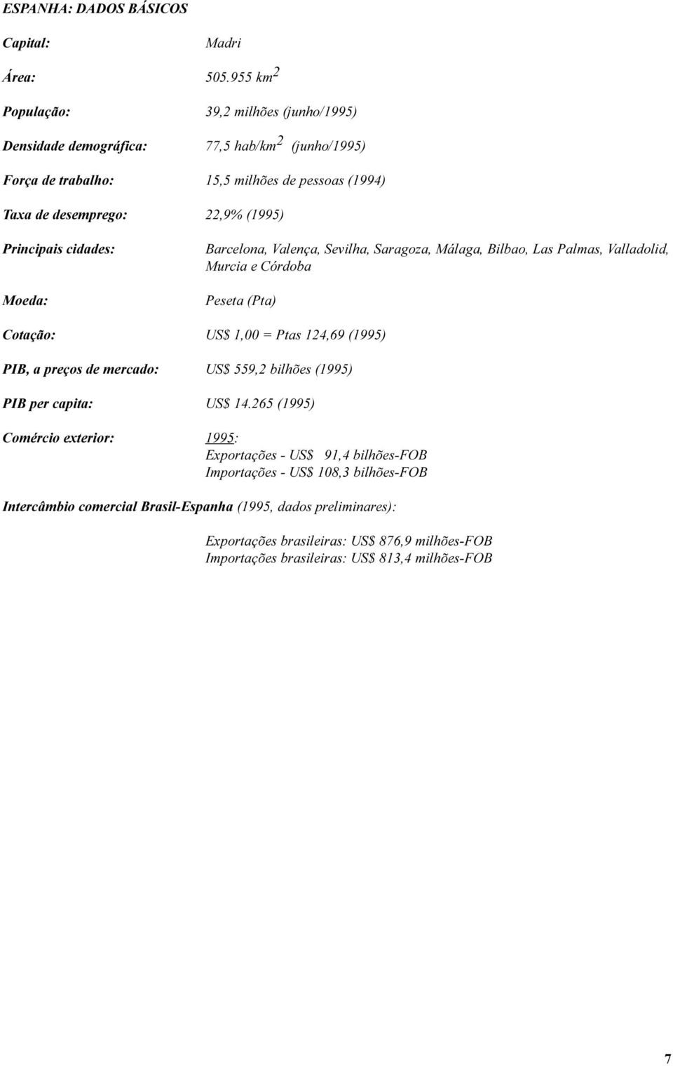Principais cidades: Moeda: Barcelona, Valença, Sevilha, Saragoza, Málaga, Bilbao, Las Palmas, Valladolid, Murcia e Córdoba Peseta (Pta) Cotação: US$ 1,00 = Ptas 124,69 (1995) PIB, a