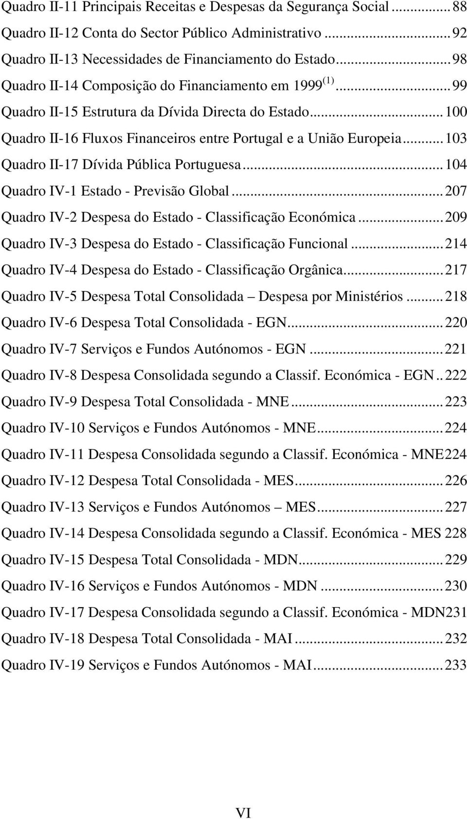 ..103 Quadro II-17 Dívida Pública Portuguesa...104 Quadro IV-1 Estado - Previsão Global...207 Quadro IV-2 Despesa do Estado - Classificação Económica.