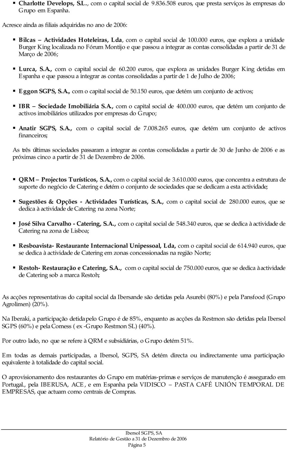 000 euros, que explora a unidade Burger King localizada no Fórum Montijo e que passou a integrar as contas consolidadas a partir de 31 de Março de 2006; Lurca, S.A., com o capital social de 60.