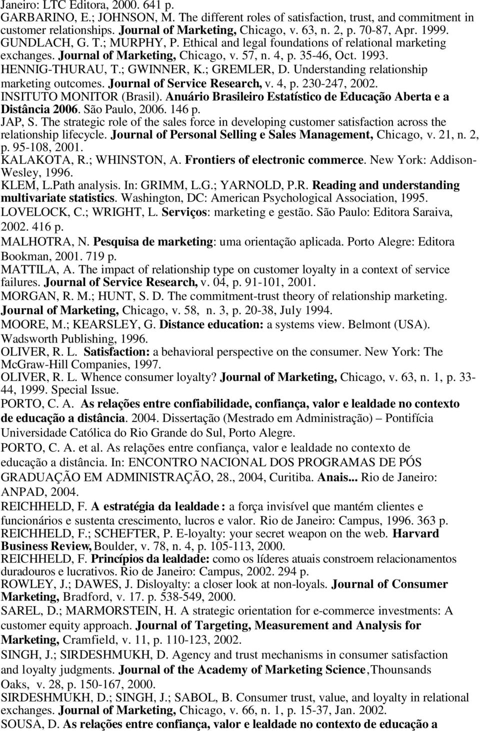 ; GWINNER, K.; GREMLER, D. Understanding relationship marketing outcomes. Journal of Service Research, v. 4, p. 230-247, 2002. INSITUTO MONITOR (Brasil).