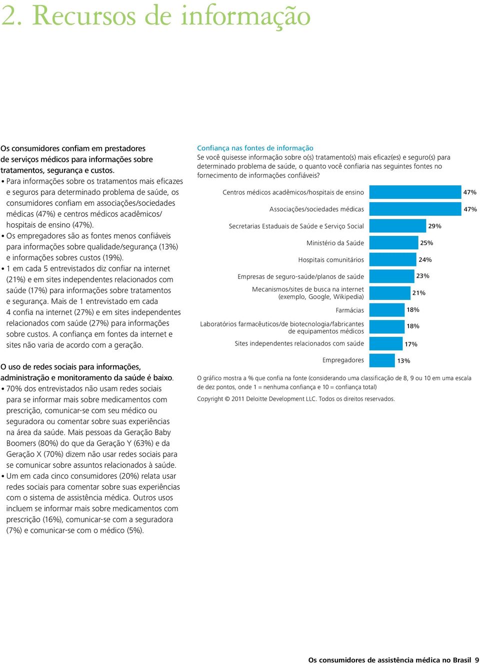 hospitais de ensino (47%). Os empregadores são as fontes menos confiáveis para informações sobre qualidade/segurança (13%). e informações sobres custos (19%).