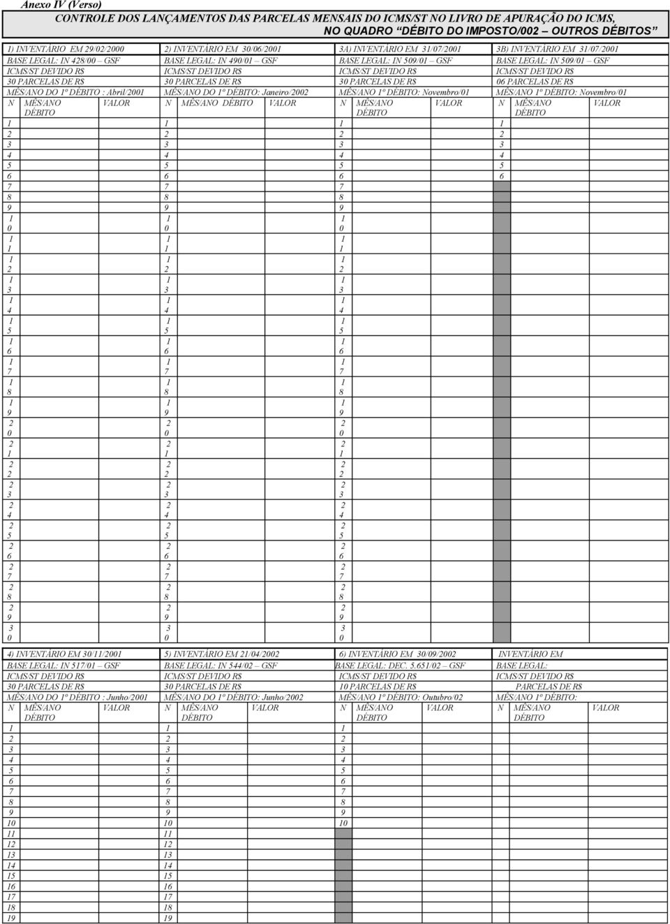 PARCELAS DE MÊS/ANO DO º : Abril/ MÊS/ANO DO º : Janeiro/ MÊS/ANO º : Novembro/ MÊS/ANO º : Novembro/ N MÊS/ANO VALOR N MÊS/ANO VALOR N MÊS/ANO VALOR N MÊS/ANO VALOR ) INVENTÁRIO EM // ) INVENTÁRIO