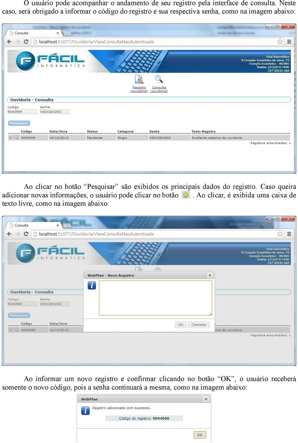 exibidos os principais dados do registro. Caso queira adicionar novas informações, o usuário pode clicar no botão.