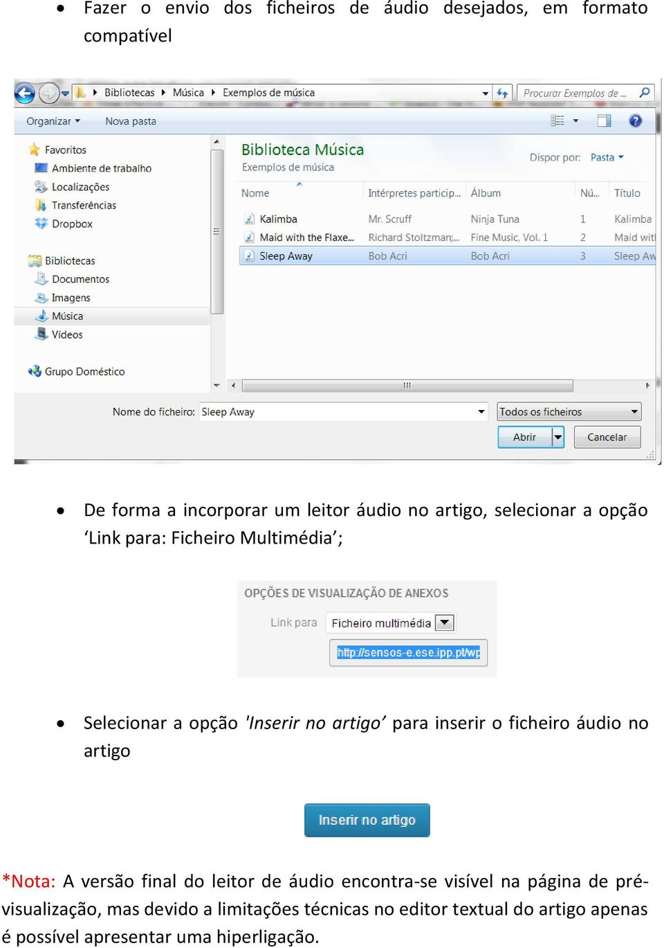 o ficheiro áudio no artigo *Nota: A versão final do leitor de áudio encontra-se visível na página de
