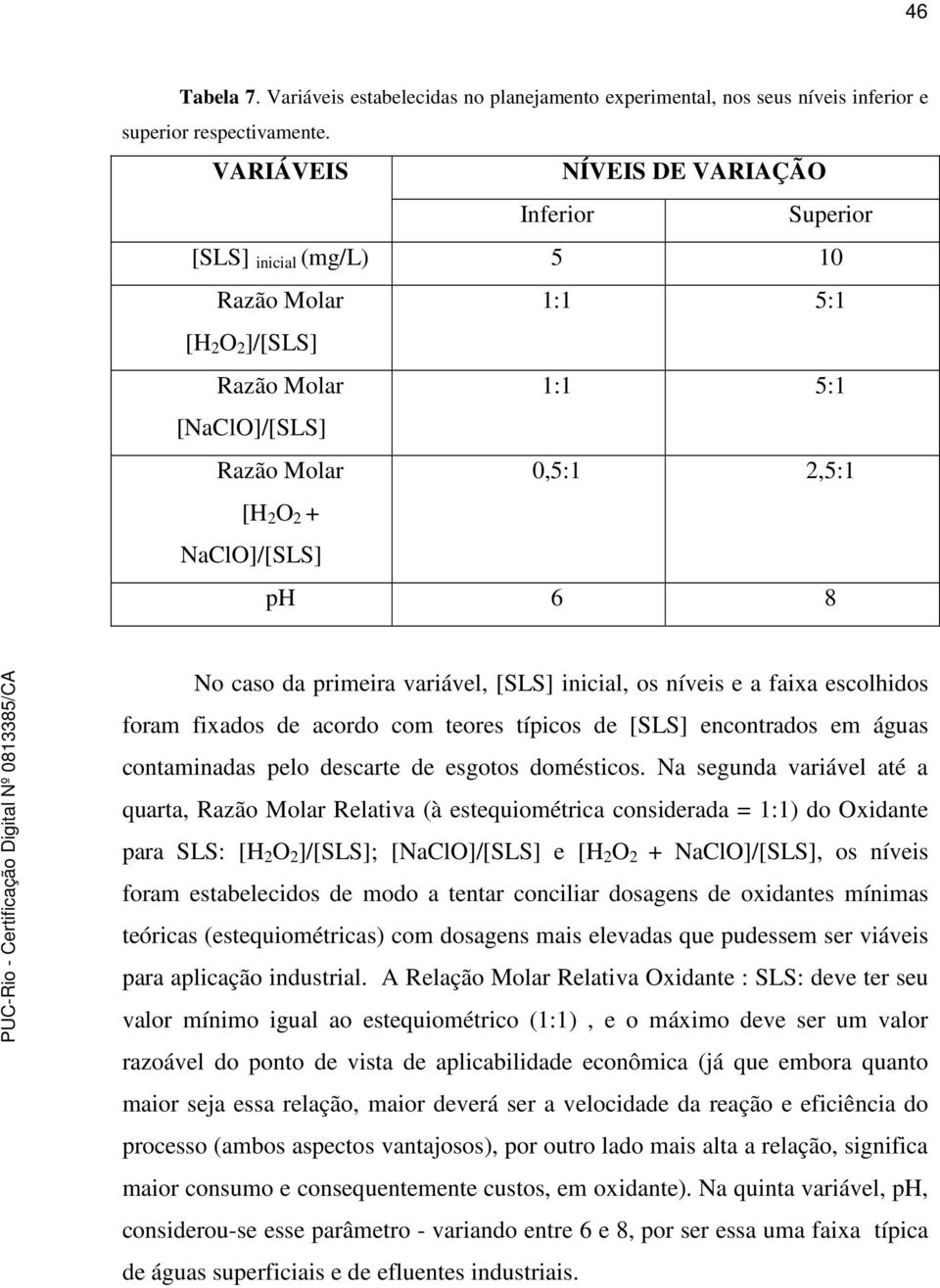 inicial, os níveis e a faixa escolhidos foram fixados de acordo com teores típicos de [SLS] encontrados em águas contaminadas pelo descarte de esgotos domésticos.