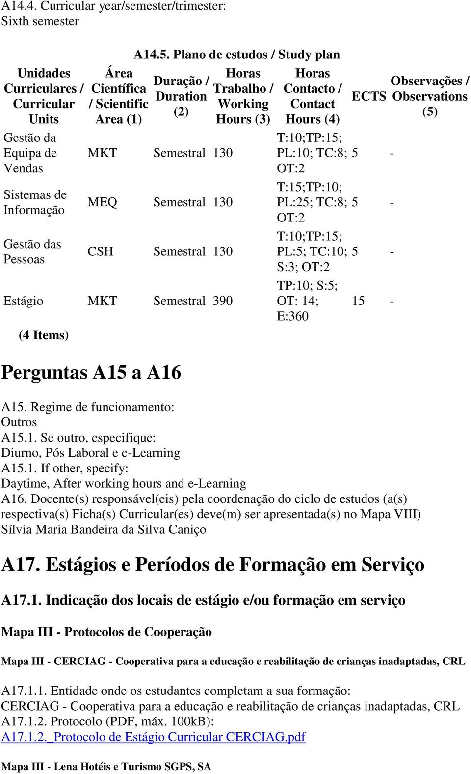 Plano de estudos / Study plan Duração / Duration (2) MKT Semestral 130 MEQ Semestral 130 CSH Semestral 130 Estágio MKT Semestral 390 (4 Items) Perguntas A15 a A16 Horas Trabalho / Working Hours (3)