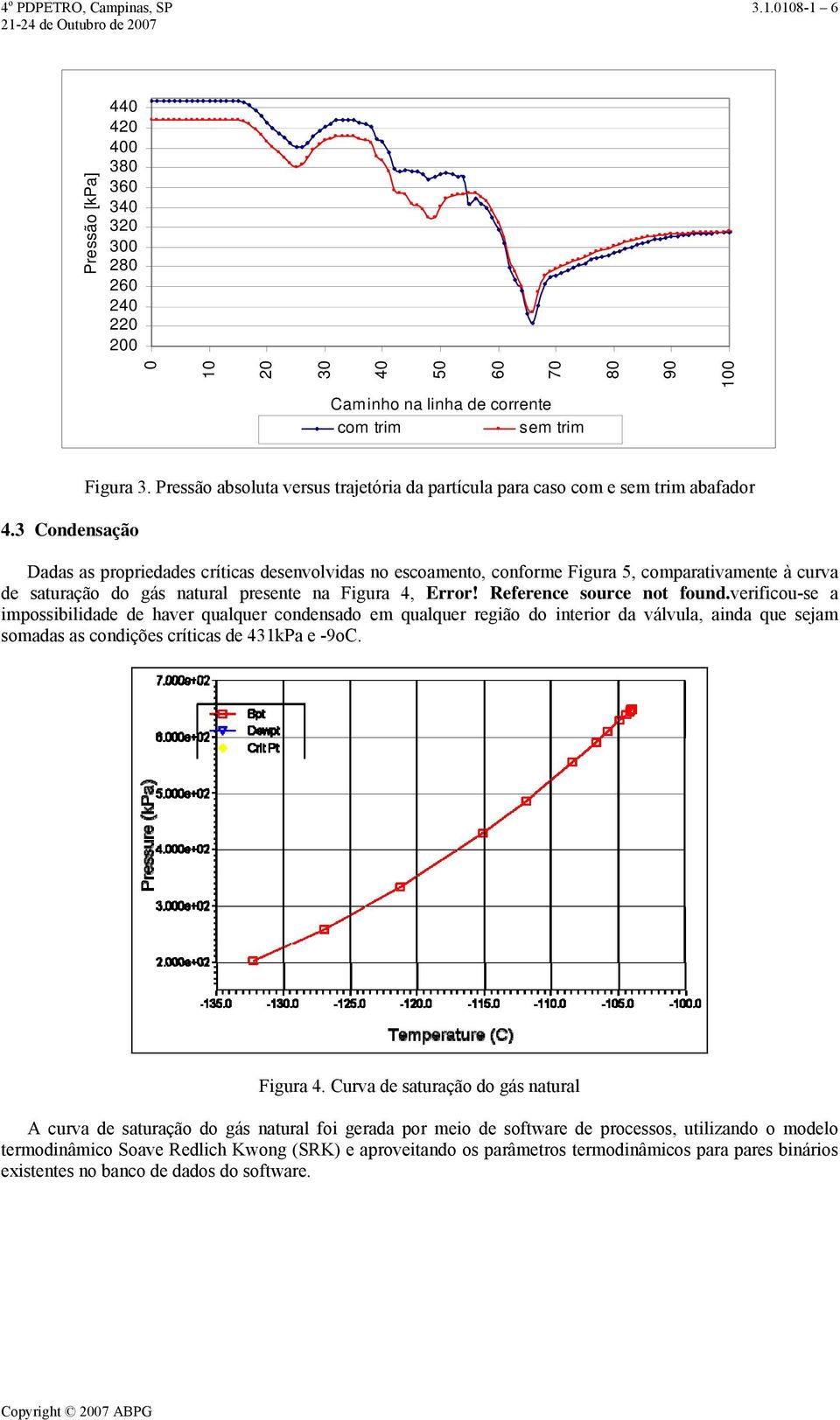 Pressão absoluta versus trajetória da partícula para caso com e sem trim abafador Dadas as propriedades críticas desenvolvidas no escoamento, conforme Figura 5, comparativamente à curva de saturação