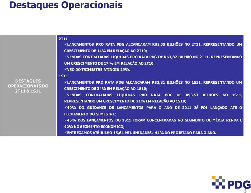 1S11 LANÇAMENTOS PRO RATA PDG ALCANÇARAM R$3,81 BILHÕES NO 1S11, REPRESENTANDO UM CRESCIMENTO DE 34% EM RELAÇÃO AO 1S10; VENDAS CONTRATADAS LÍQUIDAS PRO RATA PDG DE R$3,53 BILHÕES NO 1S11,