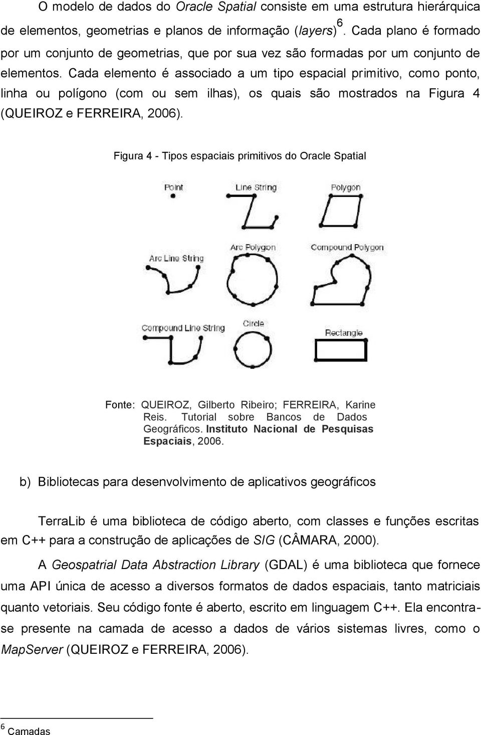 Cada elemento é associado a um tipo espacial primitivo, como ponto, linha ou polígono (com ou sem ilhas), os quais são mostrados na Figura 4 (QUEIROZ e FERREIRA, 2006).