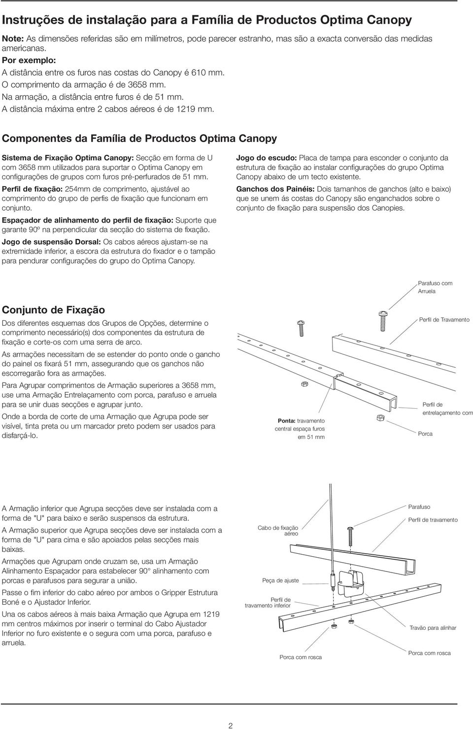 Componentes da Família de Productos Optima Canopy Sistema de Fixação Optima Canopy: Secção em forma de U com 3658 mm utilizados para suportar o Optima Canopy em configurações de grupos com furos