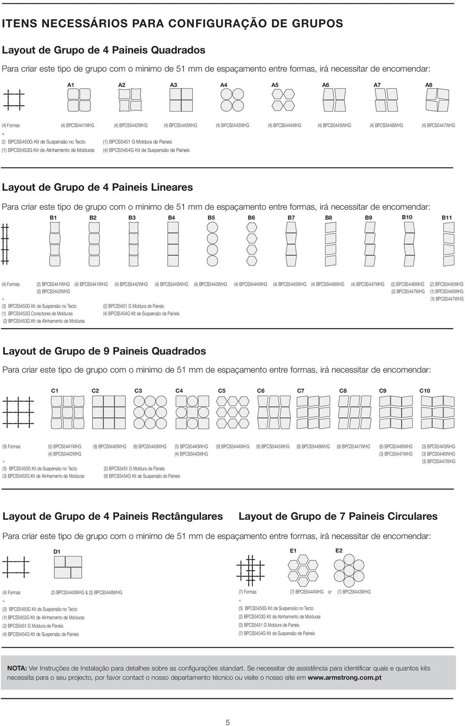 BPCS5451 G Moldura de Paneis (1) BPCS5453G Kit de Alinhamento de Molduras (4) BPCS5454G Kit de Suspensão de Paineis Layout de Grupo de 4 Paineis Lineares Para criar este tipo de grupo com o minimo de