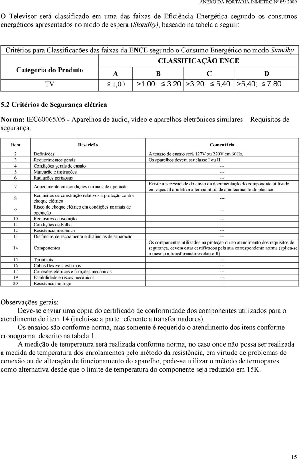 2 Critérios de Segurança elétrica Norma: IEC60065/05 - Aparelhos de áudio, vídeo e aparelhos eletrônicos similares Requisitos de segurança.