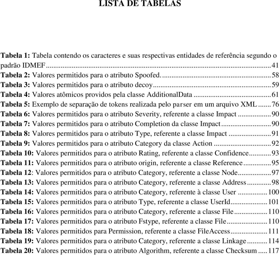 .. 61 Tabela 5: Exemplo de separação de tokens realizada pelo parser em um arquivo XML... 76 Tabela 6: Valores permitidos para o atributo Severity, referente a classe Impact.