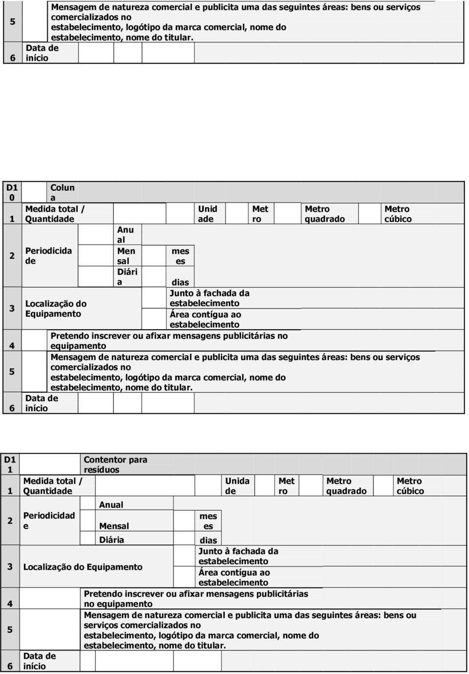 Contentor pr ríduos Medid totl / Quntid Periodicidd e Anul Mensl Unid qudrdo dis Loclizção do Equipmento Junto à fchd d Áre contígu o Pretendo inscrever ou fixr mensgens publicitáris no equipmento 