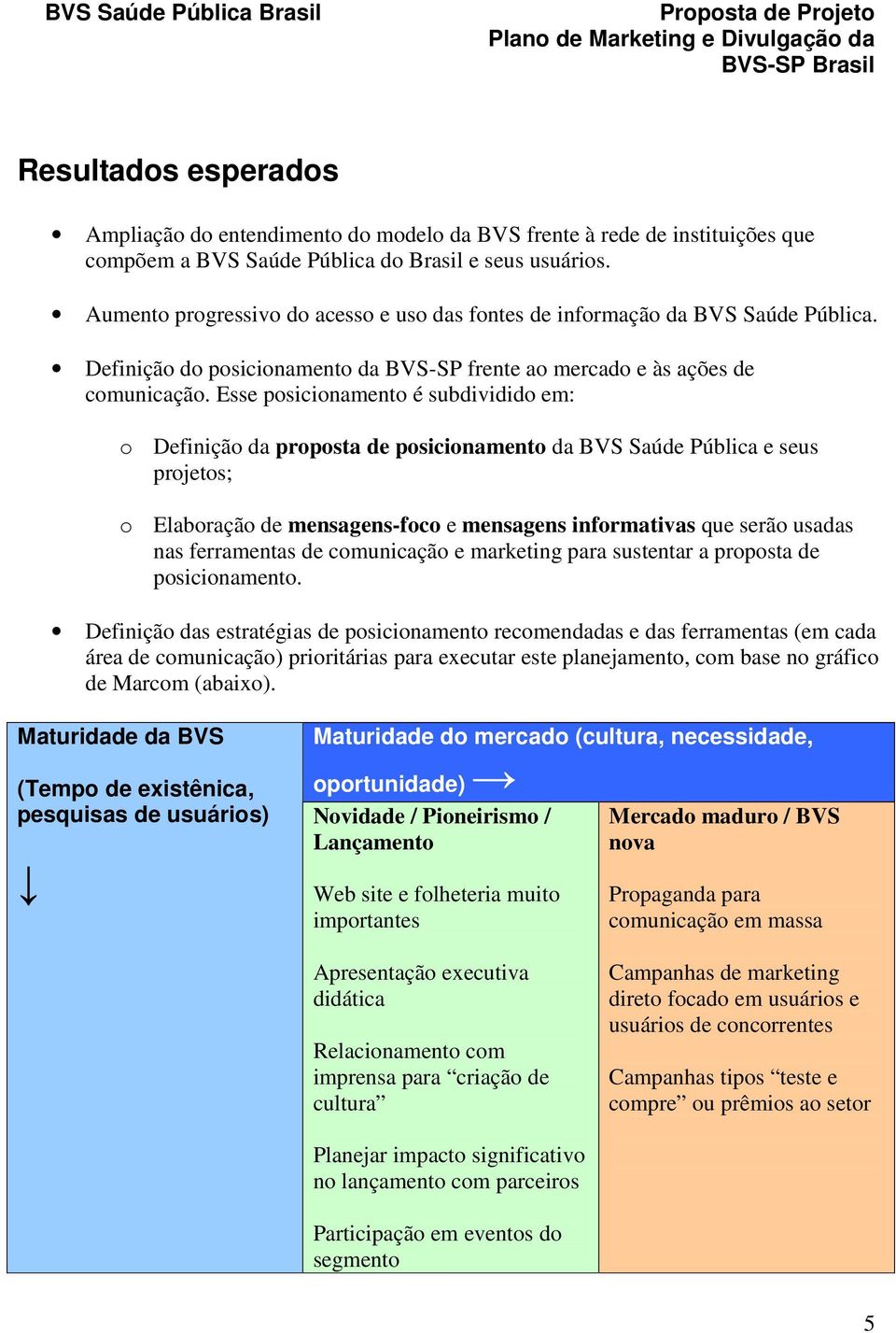 Esse posicionamento é subdividido em: o Definição da proposta de posicionamento da BVS Saúde Pública e seus projetos; o Elaboração de mensagens-foco e mensagens informativas que serão usadas nas