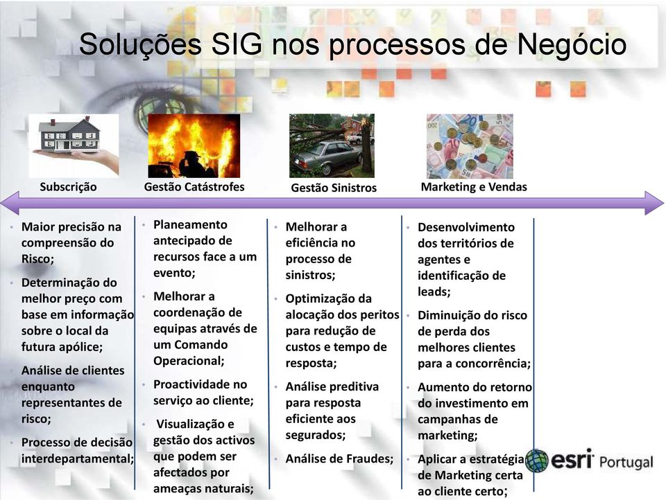 equipas através de um Comando Operacional; Proactividade no serviço ao cliente; Visualização e gestão dos activos que podem ser afectados por ameaças naturais; eficiência no processo de sinistros;