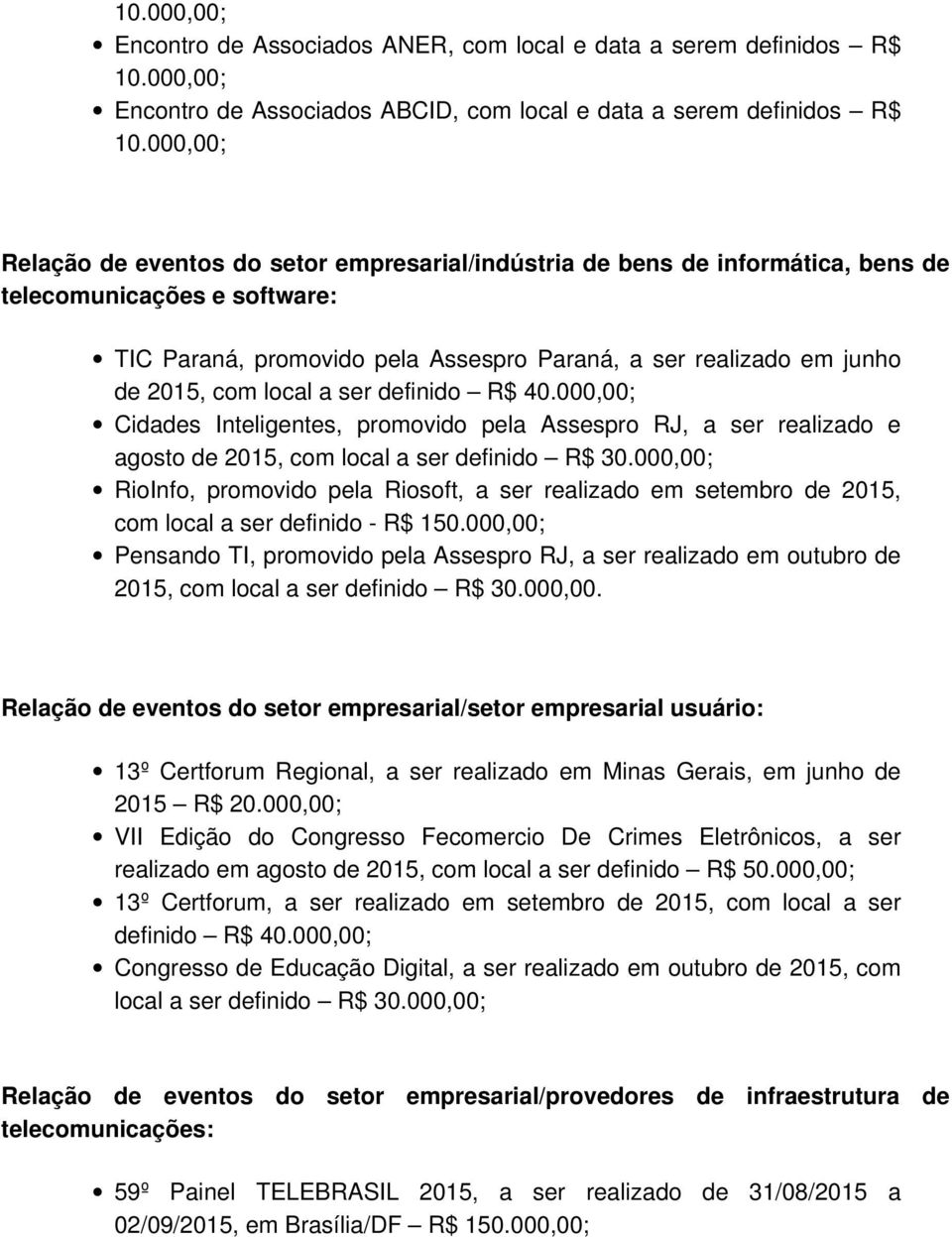 000,00; Cidades Inteligentes, promovido pela Assespro RJ, a ser realizado e agosto de 2015, com local a ser definido R$ 30.