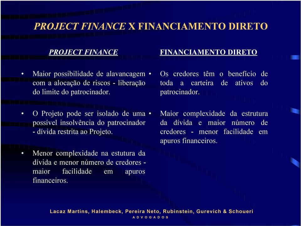 O Projeto pode ser isolado de uma possível insolvência do patrocinador - dívida restrita ao Projeto.