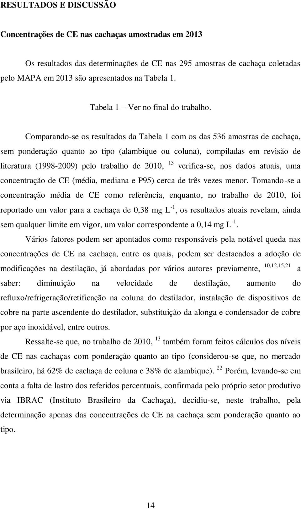 Comparando-se os resultados da Tabela 1 com os das 536 amostras de cachaça, sem ponderação quanto ao tipo (alambique ou coluna), compiladas em revisão de literatura (1998-2009) pelo trabalho de 2010,