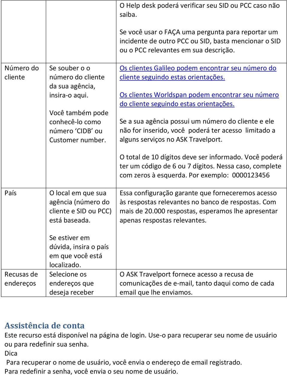 Selecione os endereços que deseja receber O Help desk poderá verificar seu SID ou PCC caso não saiba.