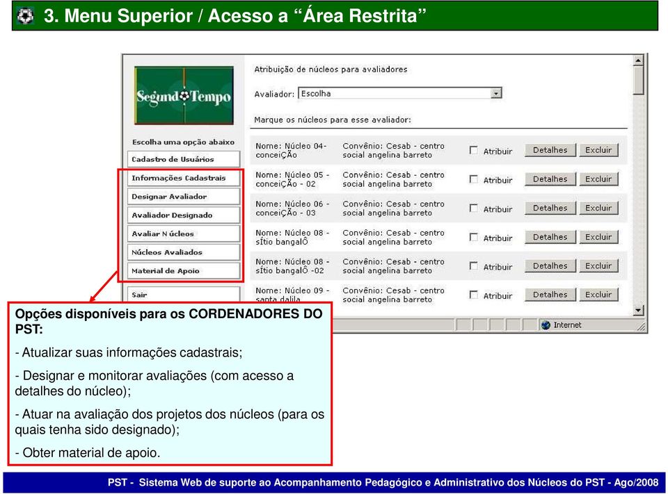 monitorar avaliações (com acesso a detalhes do núcleo); - Atuar na avaliação