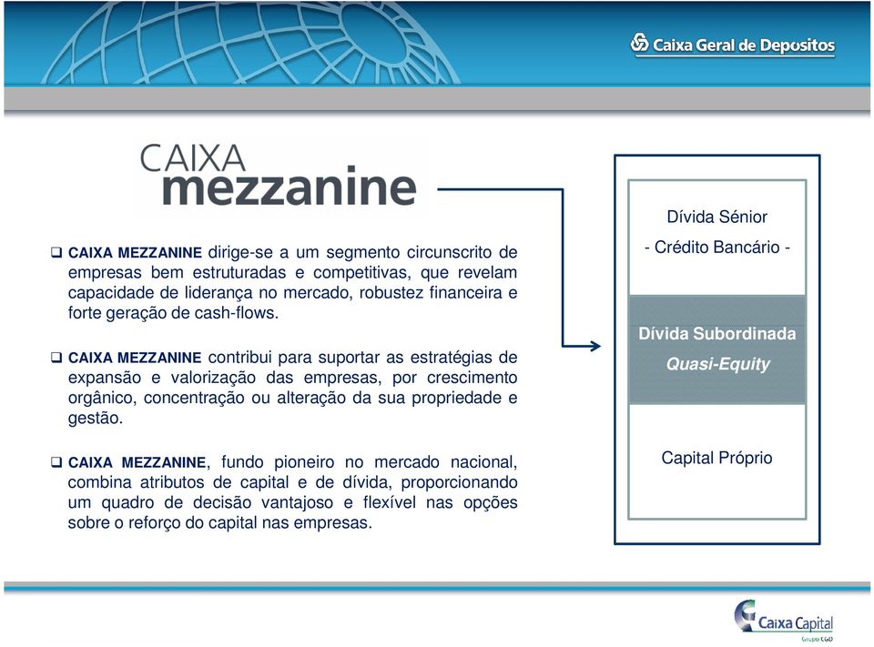 CAIXA MEZZANINE contribui para suportar as estratégias de expansão e valorização das empresas, por crescimento orgânico, concentração ou alteração da sua