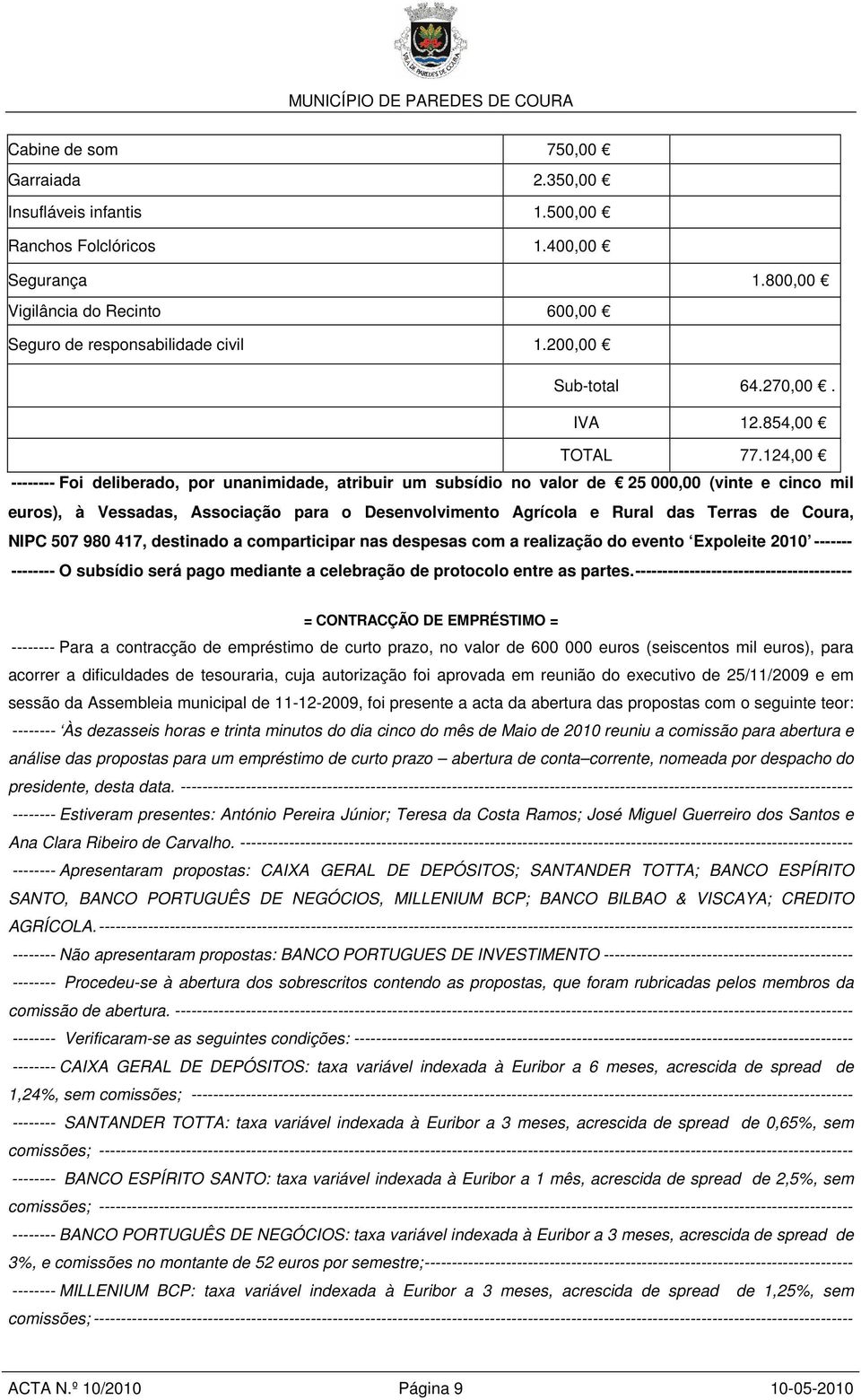 124,00 -------- Foi deliberado, por unanimidade, atribuir um subsídio no valor de 25 000,00 (vinte e cinco mil euros), à Vessadas, Associação para o Desenvolvimento Agrícola e Rural das Terras de