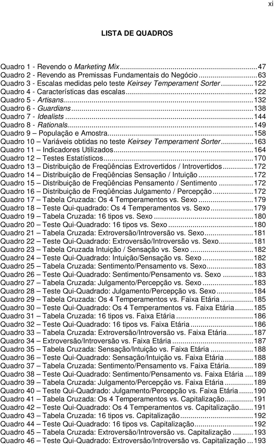 ..158 Quadro 10 Variáveis obtidas no teste Keirsey Temperament Sorter...163 Quadro 11 Indicadores Utilizados...164 Quadro 12 Testes Estatísticos.