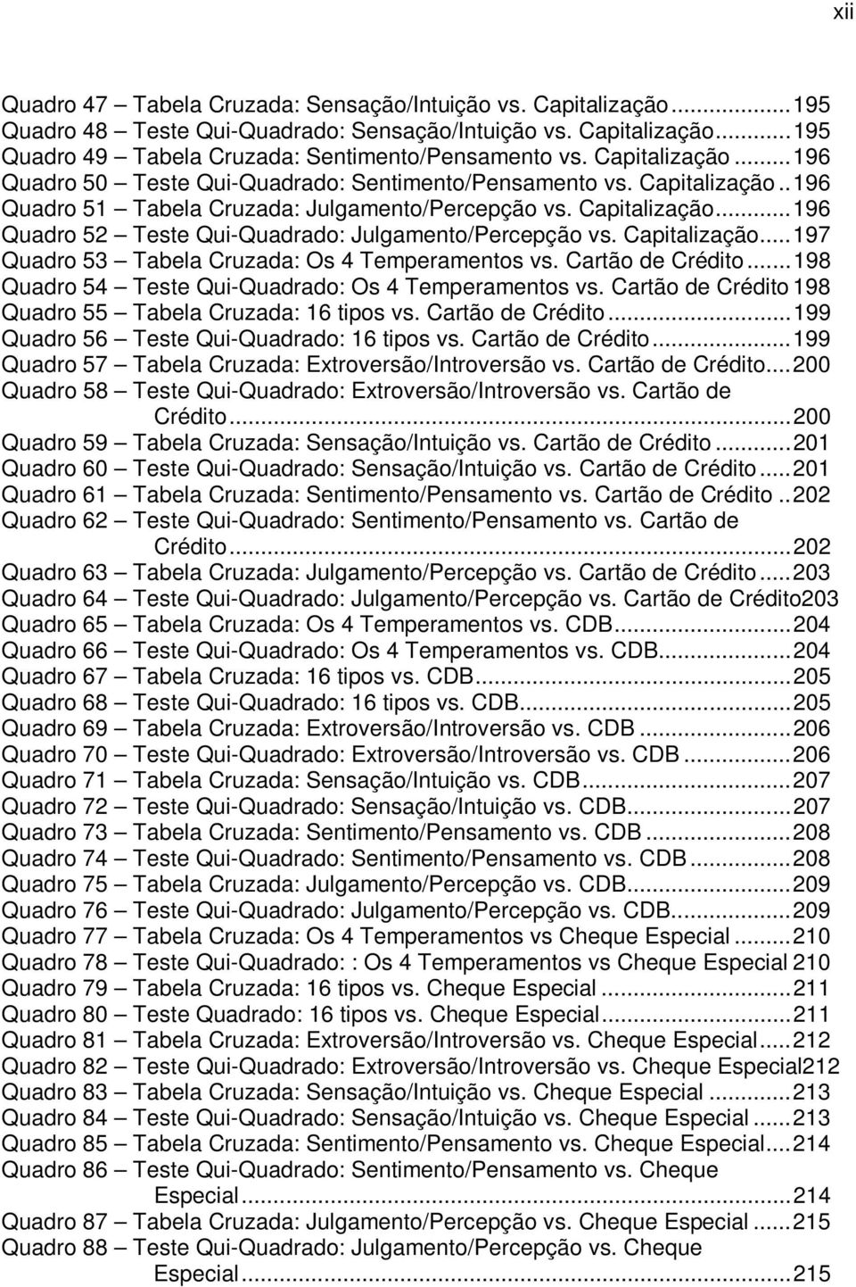 Capitalização...197 Quadro 53 Tabela Cruzada: Os 4 Temperamentos vs. Cartão de Crédito...198 Quadro 54 Teste Qui-Quadrado: Os 4 Temperamentos vs.