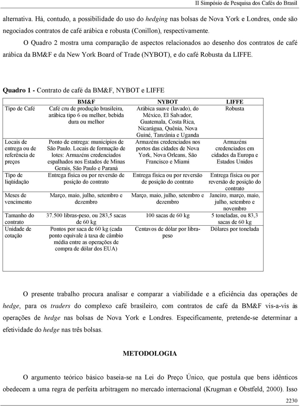 Quadro 1 - Contrato de café da BM&F, NYBOT e LIFFE Tipo de Café Locais de entrega ou de referência de preços Tipo de liqüidação Meses de vencimento Tamanho do contrato Unidade de cotação BM&F NYBOT