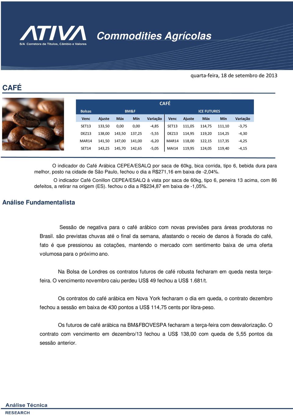 119,40-4,15 O indicador do Café Arábica CEPEA/ESALQ por saca de 60kg, bica corrida, tipo 6, bebida dura para melhor, posto na cidade de São Paulo, fechou o dia a R$271,16 em baixa de -2,04%.