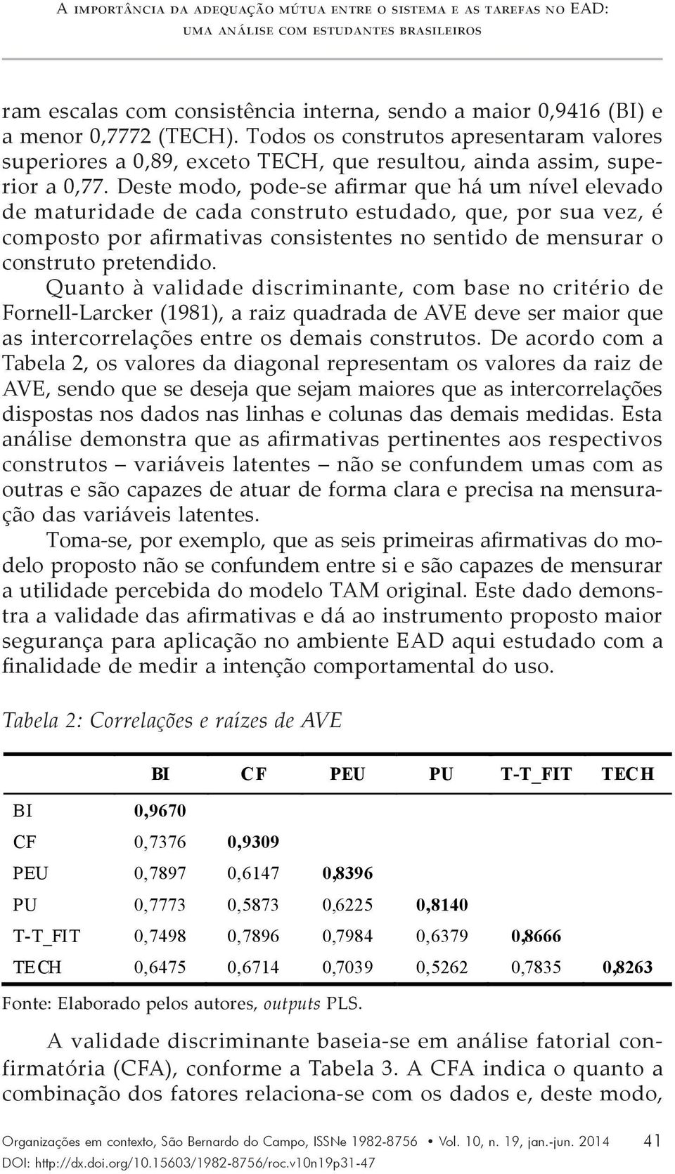 Deste modo, pode-se afirmar que há um nível elevado de maturidade de cada construto estudado, que, por sua vez, é composto por afirmativas consistentes no sentido de mensurar o construto pretendido.