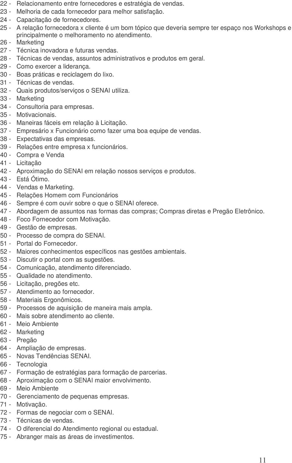 28 - Técnicas de vendas, assuntos administrativos e produtos em geral. 29 - Como exercer a liderança. 30 - Boas práticas e reciclagem do lixo. 31 - Técnicas de vendas.