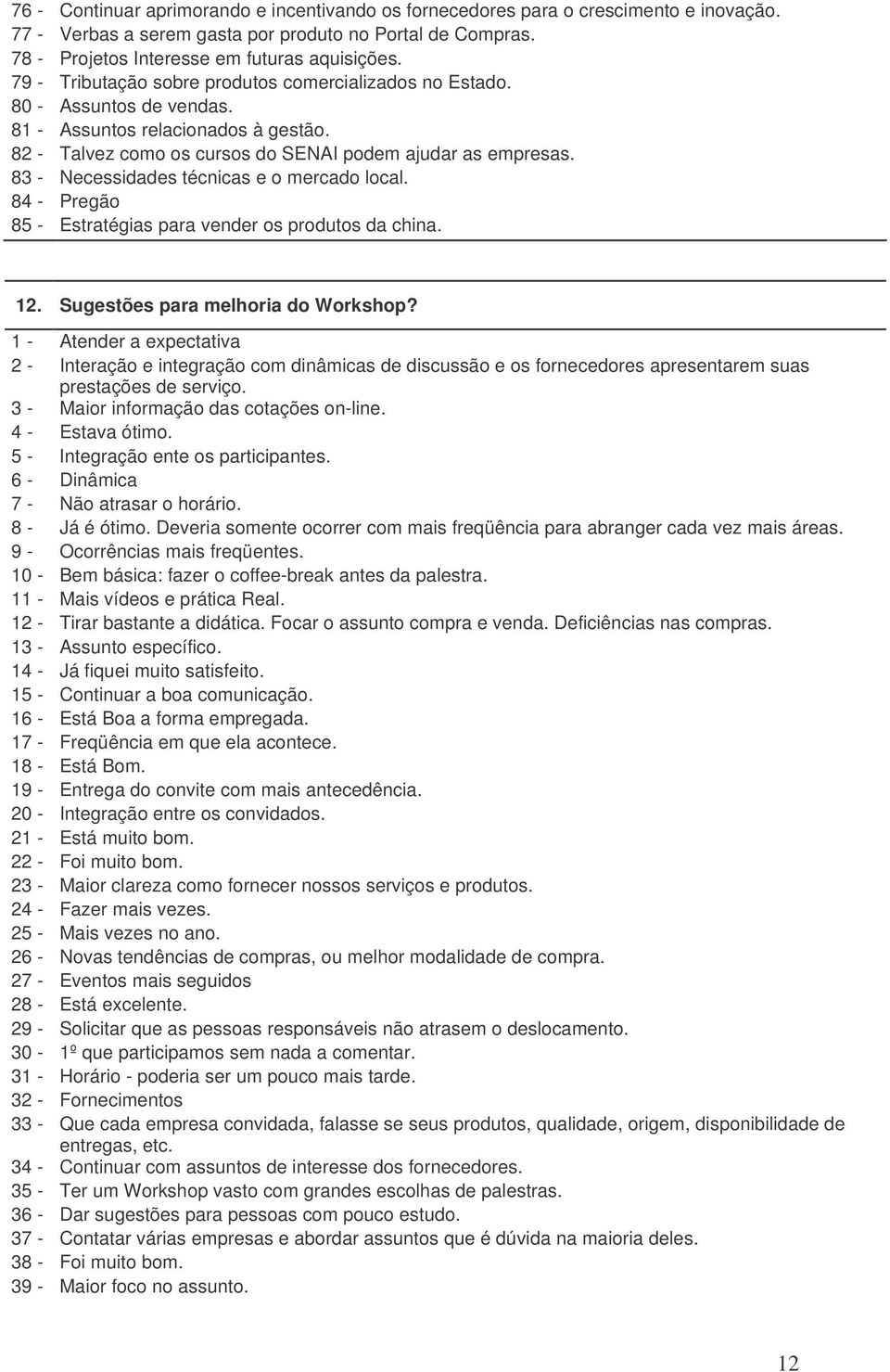 83 - Necessidades técnicas e o mercado local. 84 - Pregão 85 - Estratégias para vender os produtos da china. 12. Sugestões para melhoria do Workshop?