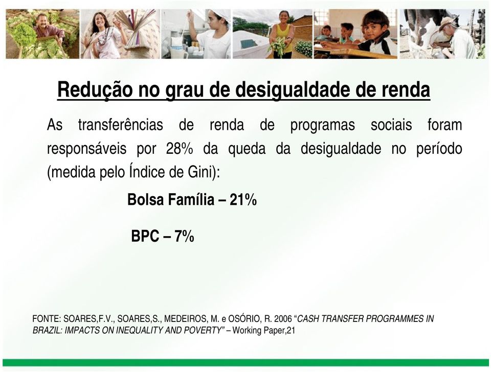 Gini): Bolsa Família 21% BPC 7% FONTE: SOARES,F.V., SOARES,S., MEDEIROS, M. e OSÓRIO, R.