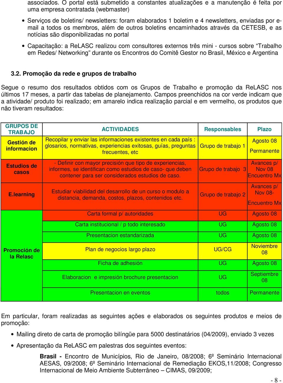 por e- mail a todos os membros, além de outros boletins encaminhados através da CETESB, e as notícias são disponibilizadas no portal Capacitação: a ReLASC realizou com consultores externos três mini