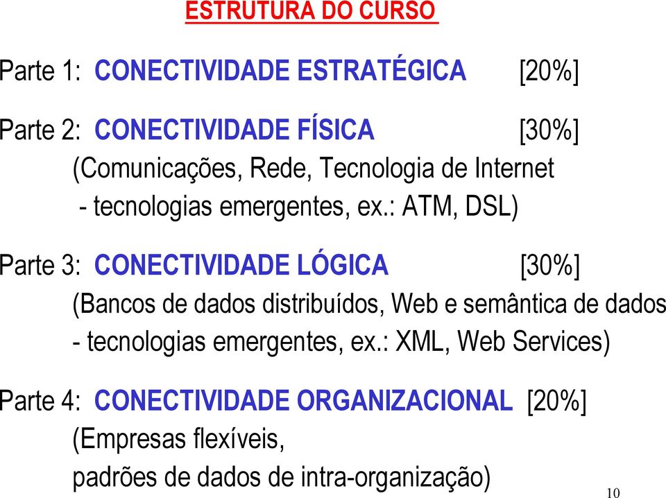 : ATM, DSL) Parte 3: CONECTIVIDADE LÓGICA [30%] (Bancos de dados distribuídos, Web e semântica de dados -