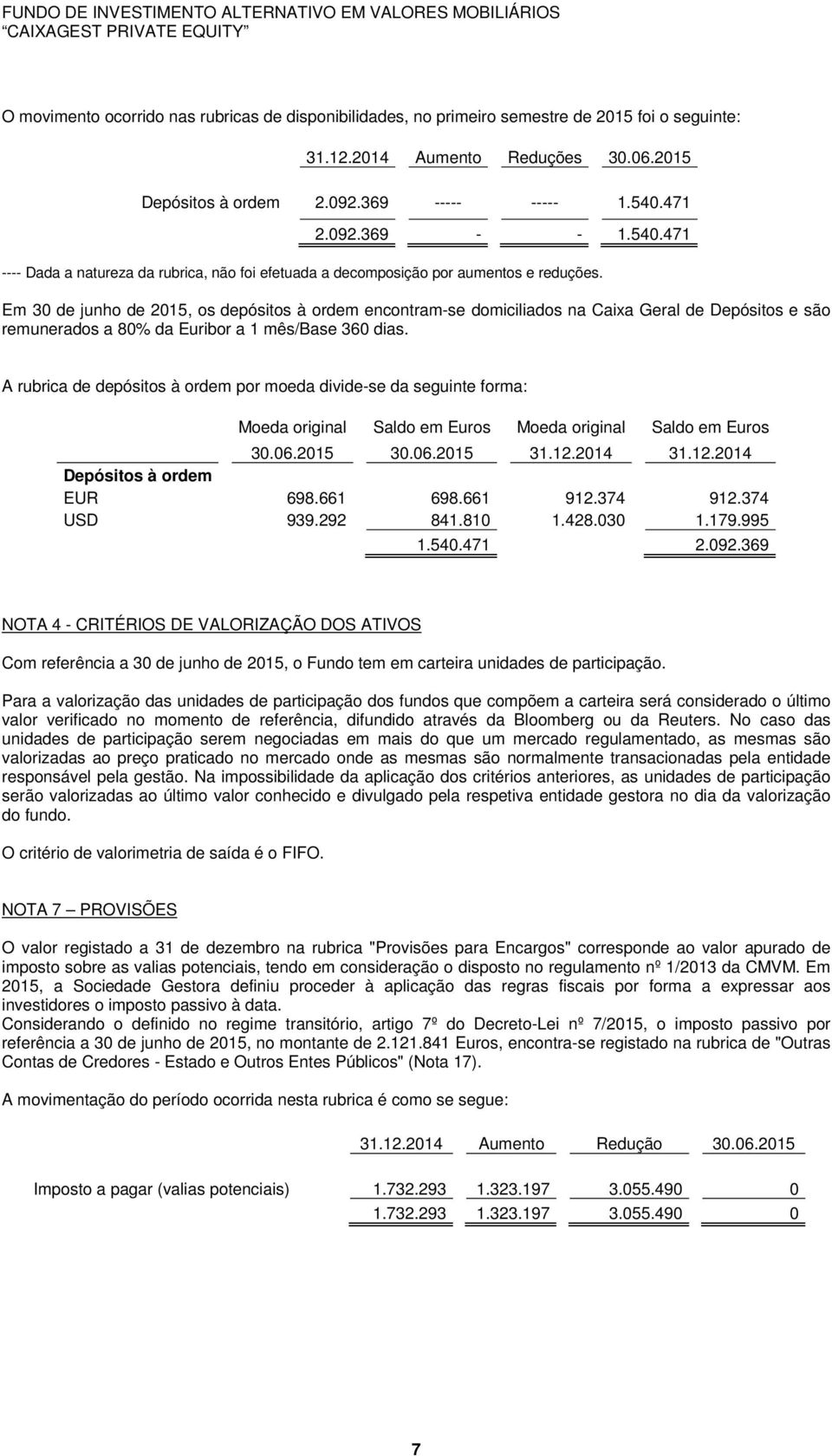 Em 30 de junho de 2015, os depósitos à ordem encontram-se domiciliados na Caixa Geral de Depósitos e são remunerados a 80% da Euribor a 1 mês/base 360 dias.