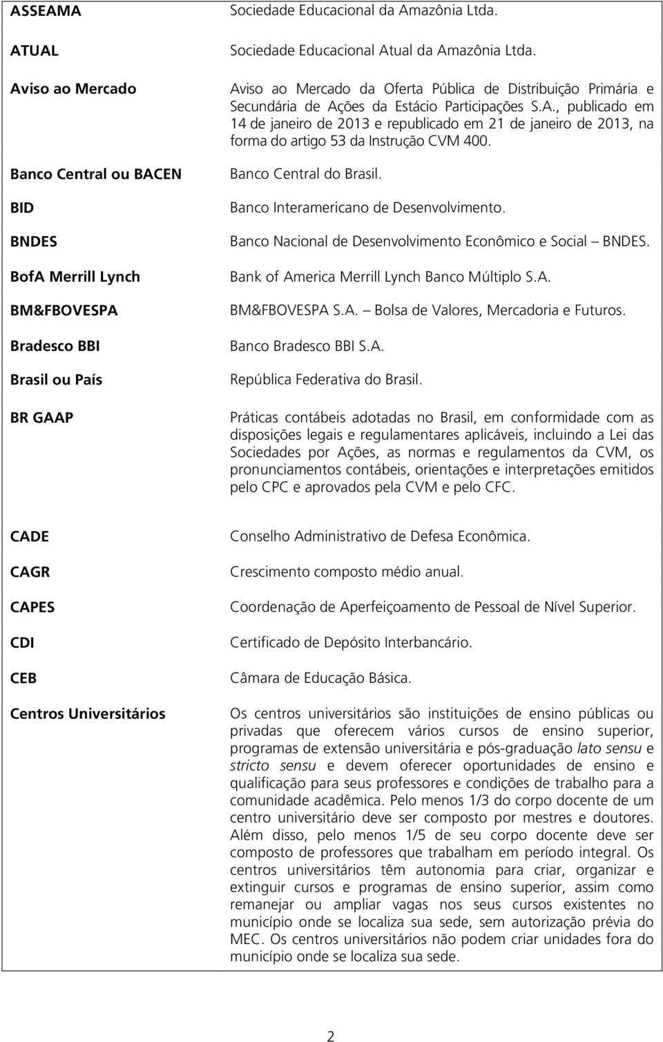 Banco Central do Brasil. Banco Interamericano de Desenvolvimento. Banco Nacional de Desenvolvimento Econômico e Social BNDES. Bank of America Merrill Lynch Banco Múltiplo S.A. BM&FBOVESPA S.A. Bolsa de Valores, Mercadoria e Futuros.