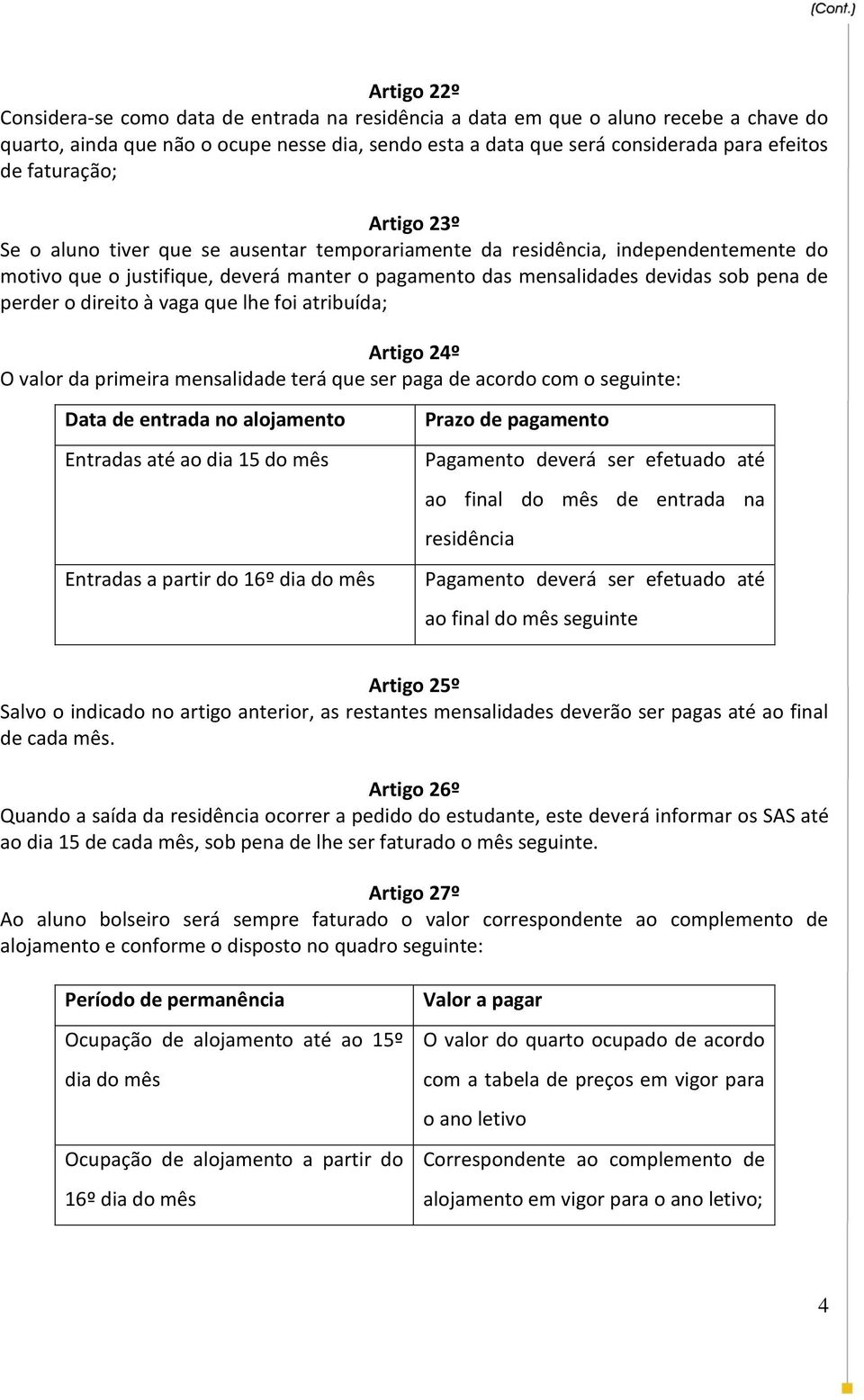 perder o direito à vaga que lhe foi atribuída; Artigo 24º O valor da primeira mensalidade terá que ser paga de acordo com o seguinte: Data de entrada no alojamento Entradas até ao dia 15 do mês