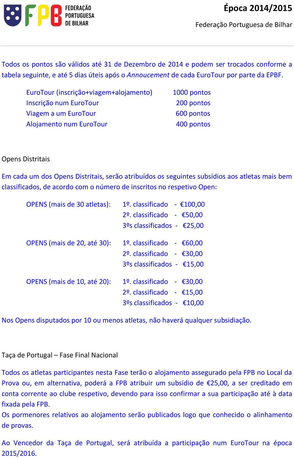 Distritais, serão atribuídos os seguintes subsídios aos atletas mais bem classificados, de acordo com o número de inscritos no respetivo Open: OPENS (mais de 30 atletas): 1º. classificado - 100,00 2º.