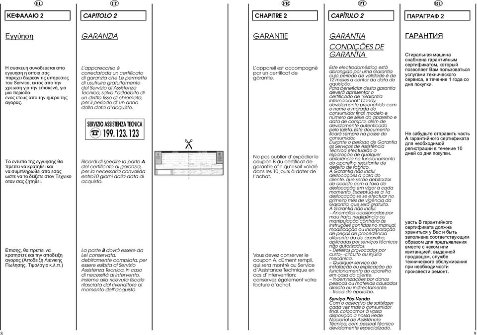 Eπισης, θα πρεπει να κρατησετε και την αποδειξη αγορας (Aποδειξη Λιανικης Πωλησης, Tιμολογιο κ.λ.π.) GARANZIA L apparecchio é corredatoda un certificato di garanzia che Le permette di usufruire