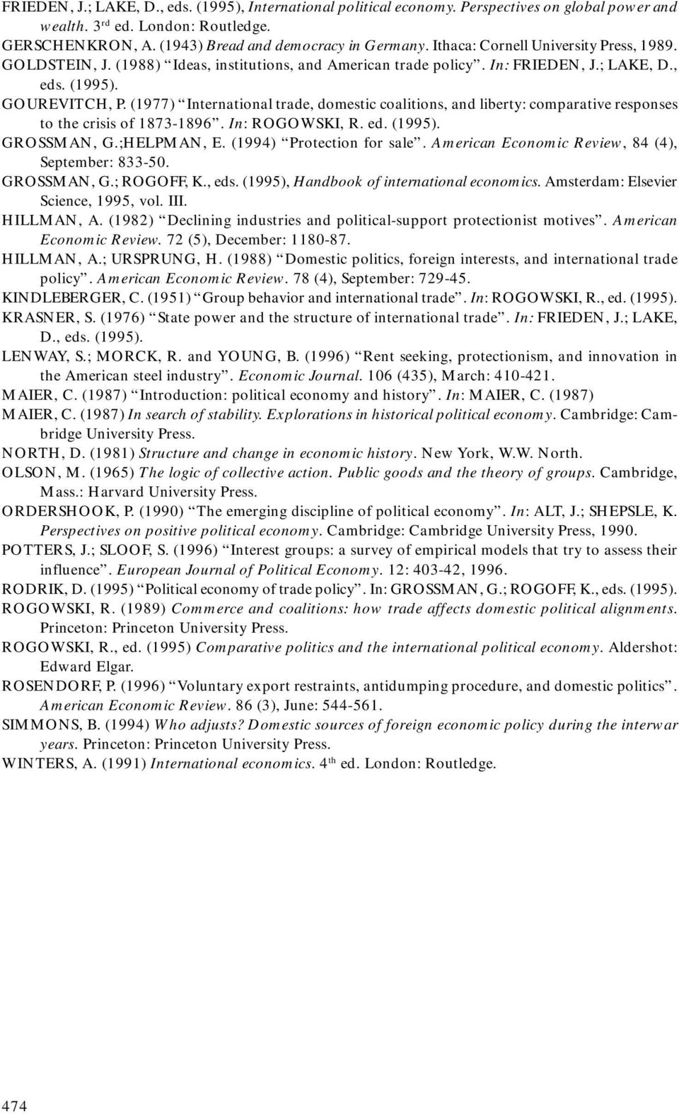 (1977) International trade, domestic coalitions, and liberty: comparative responses to the crisis of 1873-1896. In: ROGOWSKI, R. ed. (1995). GROSSMAN, G.;HELPMAN, E. (1994) Protection for sale.